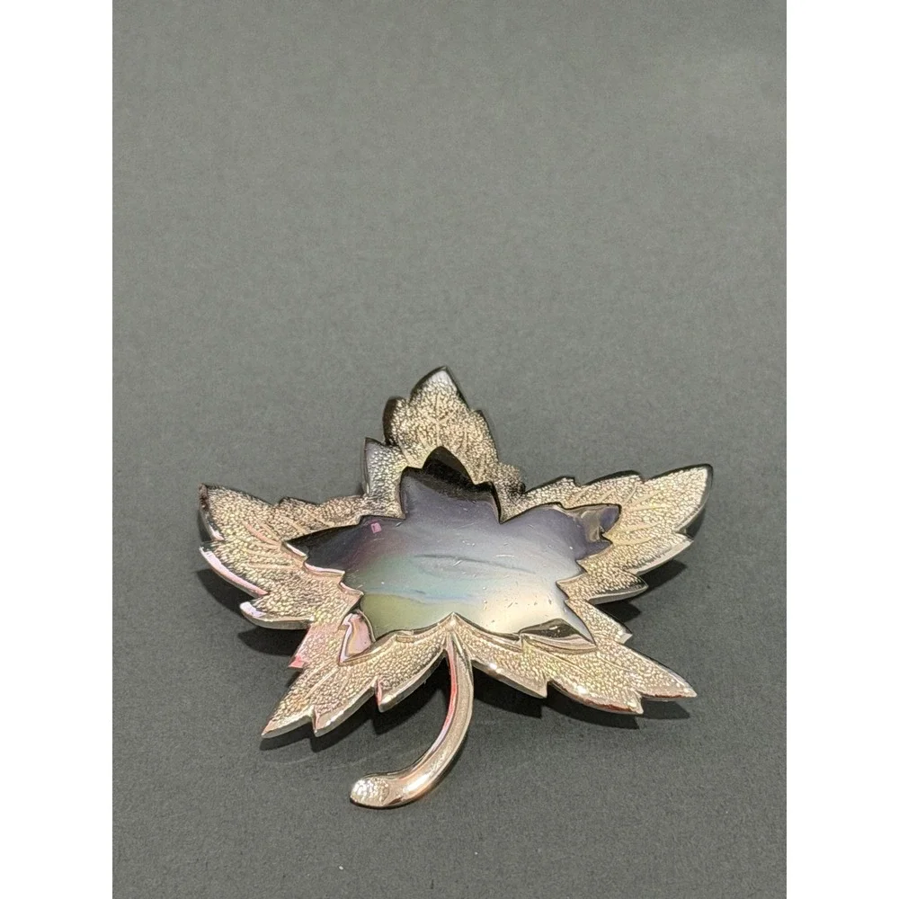 Monet Maple Leaf Brooch Silver Tone Layered Vintage Textured High Polished Pin